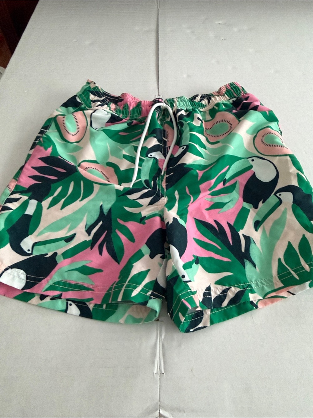 Boys size 12 Janie and Jack Tropical Toucan Swim Trunks in Green & Pink